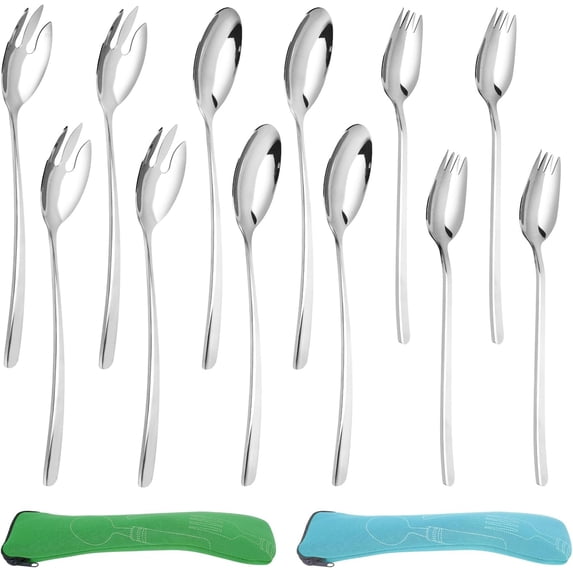 14 Pcs Stainless Steel Sporks, Salad Forks for Household Use, 8.9" Long Handle Dessert Spoons Ice Cream Fruit Spoons Forks, Flatware Set for Fruit Appetizer, Metal Spork for Camping Hiking - with Case
