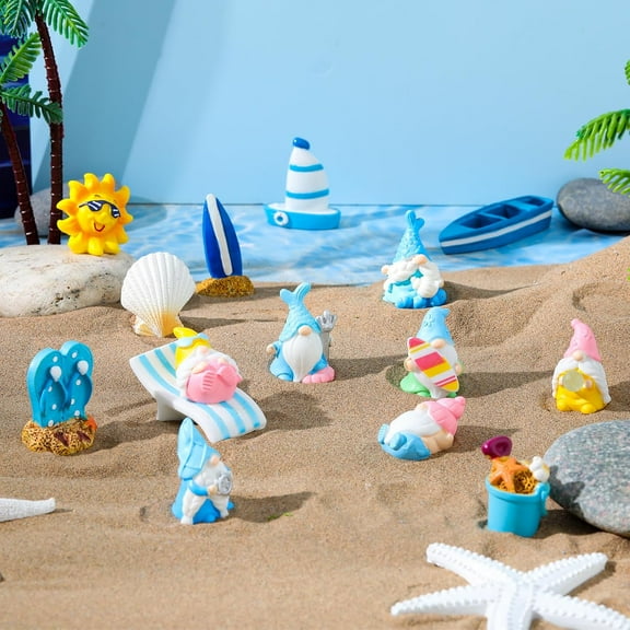 14 Pcs Summer Gnomes Decorations Cute Summer Gnome Beach Ocean Dwarfs Statues Mini Resin Figurine Miniature Tiered Tray Collectible Tabletop Decor for Landscape Terrarium