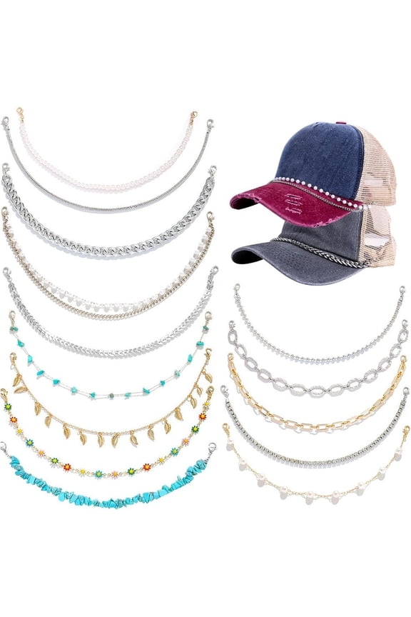 14 Pcs Trucker Hat Chains, Assorted Mix of Metal Pearl Turquoise Flower Charms, DIY Brim Decoration Chains for Customizable Baseball Caps, Trendy Hat Accessories for Women Men