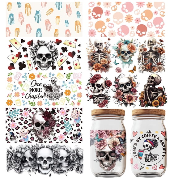 14 Pcs UV DTF Cup Wrap Transfer Stickers Horror Theme Rub on Decals Flower Waterproof Cup Transfer Decoration for DIY Bottles Drink Jam Cake Container