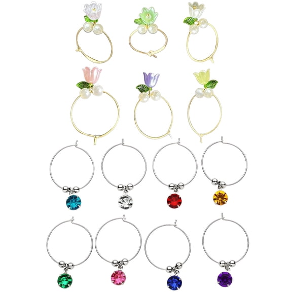 14 Pcs of Wine Glass Charms Set, Christmas Wine Glass Markers, 8 Colored Diamond & 6 Floral Wine Charms, Great for Holiday Parties, Easy-to-Use Hook Design for Stem Glasses