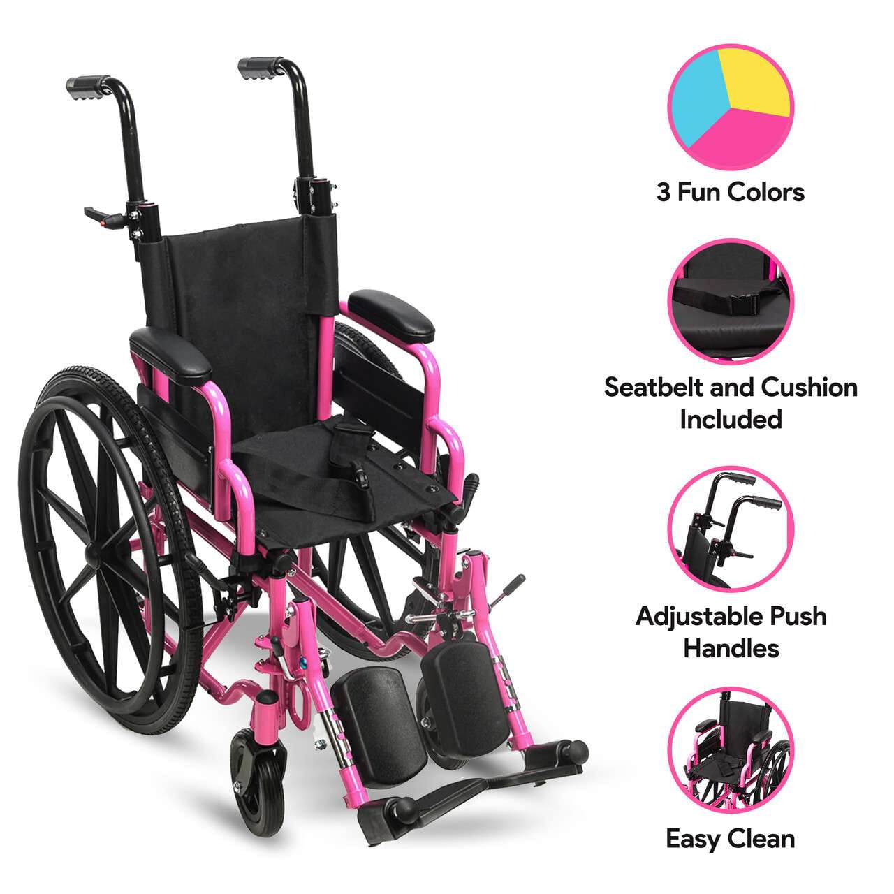 Smilez Pediatric Wheelchair Fun Lightweight Foldable Kids Wheelchair with Cushion Seat, Seat Belt and Anti-Tippers Included