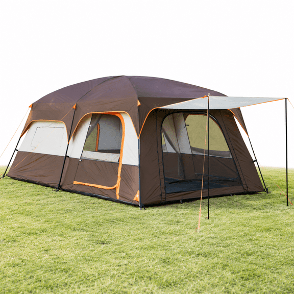 14 Person Brown Family Cabin Tent, 2 Room 3 Door 3 Window Waterproof Double Layer Outdoor Camping Tent