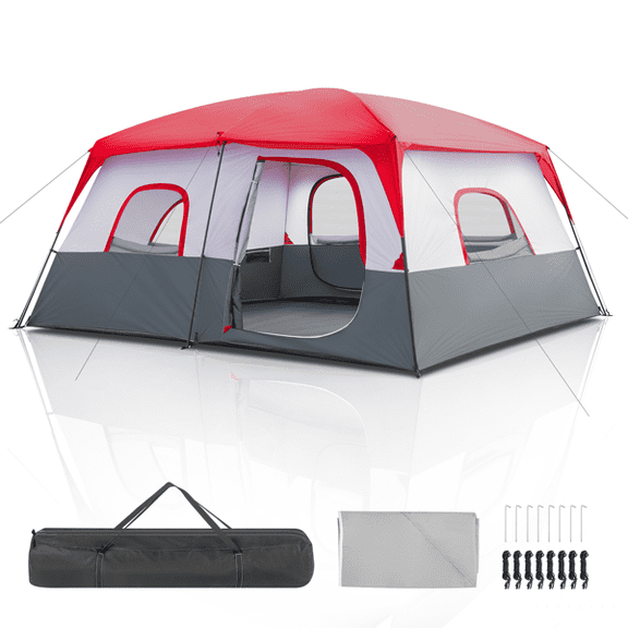14-Person Family Cabin Tent - 14ft x 14ft Extra Large Outdoor Shelter with Room Divider - Red & White