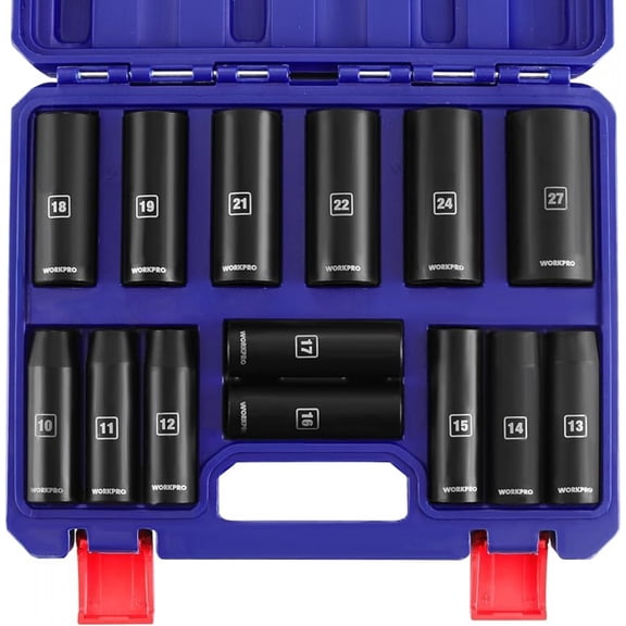 14-Piece 1/2＂ Drive Deep Impact Socket Set, 6-Point Impact Deep Socket Set with Heavy Duty Storage Case for Automotive and Mechanical Repairs, 10mm-27mm, Cr-V Steel, Metric