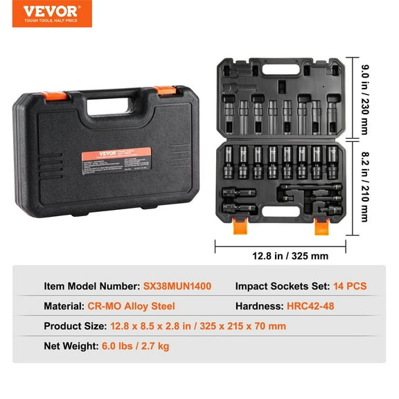 14-Piece 3/8" Drive Swivel Impact Sockets, 6-Point, Full Rotation - Durable & Versatile