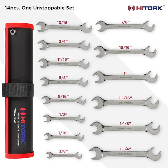 14-Piece Angle Wrench Set With Kit Roll Pouch | SAE Size - 3/8" to 1-1/4" | V-Groove | 15 & 60 Angle Head | Chrome Plated Full Mirror Polished | Cr-V Steel