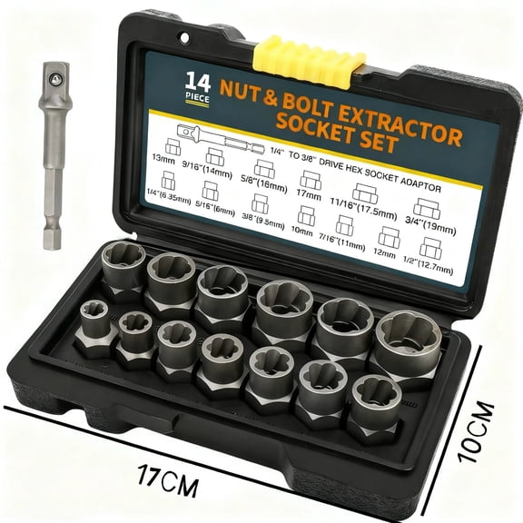 14-Piece Bolt Extractor Socket Set, Impact Nut Remover Kit for Stripped, Rounded and Damaged Bolts, Lug Nuts and Fasteners with Drive Adapter