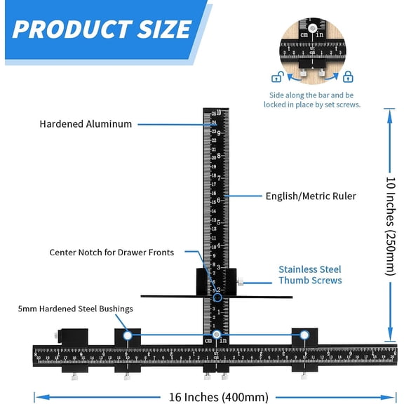 14-Piece Cabinet Hardware Jig Tool Set, Aluminum Alloy Cabinet Handle Template Jig Tool of Drawer Front Knobs, Handles and Pulls, Door
