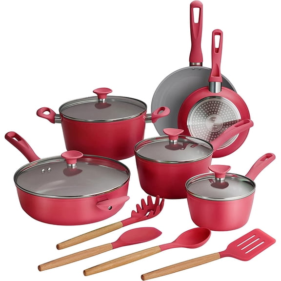 14-Piece Ceramic Non Stick Cookware Set with Lids Heavy-Gauge Aluminum Pots and Pans Kitchen Set with Nonstick Coating Dishwasher and Oven Safe Red