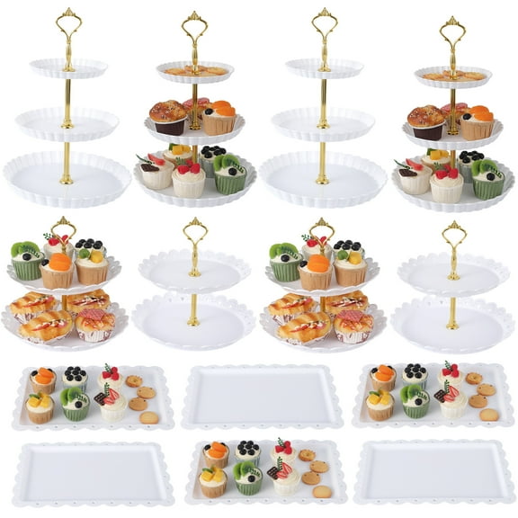 14-Piece Dessert Stand Set with 3-Tier & 2-Tier Cake Stands and Rectangle Serving Trays – White Plastic Cupcake Holder for Wedding, Birthday, Party, Buffet Display