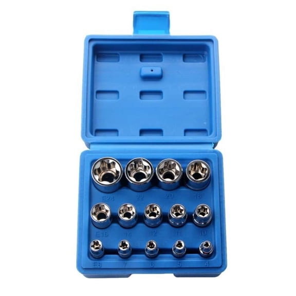 14-Piece E-TORX Socket Set 1/4" 3/8" 1/2'' Drive E-4 - E24 Female External Torque Star Socket Kit With Storage Case