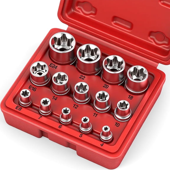 14-Piece E-TORX Socket Set - Premium Female Torx Set, Ultimate Torque Star Sockets, External E4 E5 E6 E7 E8 E10 E11 E12 E14 E16 E18 E20 E22 E24