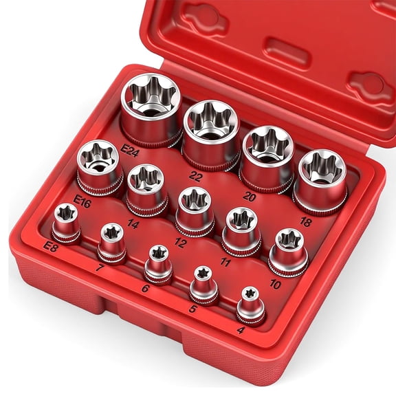 14-Pcs E-TORX Socket Set - Premium Female Torx Socket Set, Ultimate Torque Star Sockets, External Torx Sockets, E4 E5 E6 E7 E8 E10 E11 E12 E14 E16 E18 E20 E22 E24