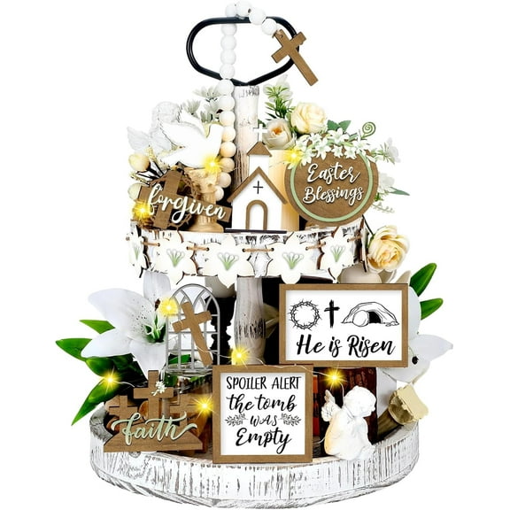 14 Piece Easter Tiered Tray Decor Set He is Risen Jesus Wood Sign Farmhouse Rustic Religious Tiered Tray Ornament Wood Table Centerpieces with Christian Cross Sign Easter Decor ( Beads not included )