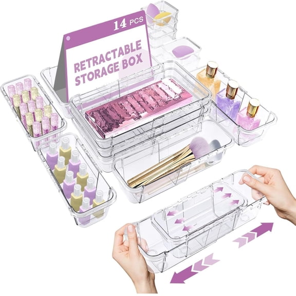 14-Piece Expandable Drawer Organizer, Clear PET Adjustable Bins for Kitchen Makeup Cabinet