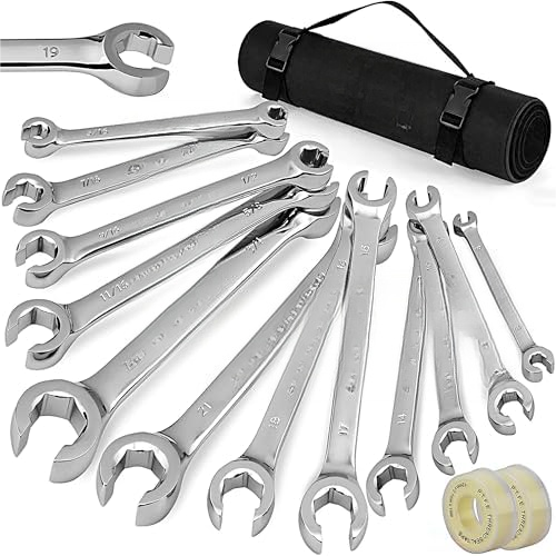 14-Piece Flare Nut Wrench Set with PTFE Tape, Metric & SAE Brake Line Wrench Offset 1/4"-7/8"& 9-21mm Set Double Open End with Organizer Pouch for Repairing and Removing Nuts$$Tools & Hardware Other