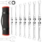 14-Piece Flex-Head Ratcheting Wrench Set, Vanadium Steel Combination Ended Standard Kit with Roll-up Storage Pouch