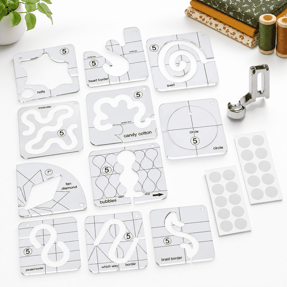 14 Piece Free Motion Quilting Template Set with High Shank Foot and Non-Slip Grips