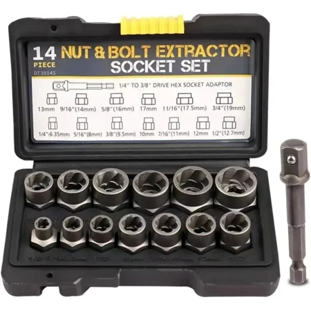14-Piece Impact Bolt & Nut Remover Set, 3/8”Bolt Lug Nut Extractor Socket Tool Set, Damaged Bolt Nut Remover with Hex Adapter for Removing Stripped, Damaged, Rounded off and Rusted Bolts & Nuts