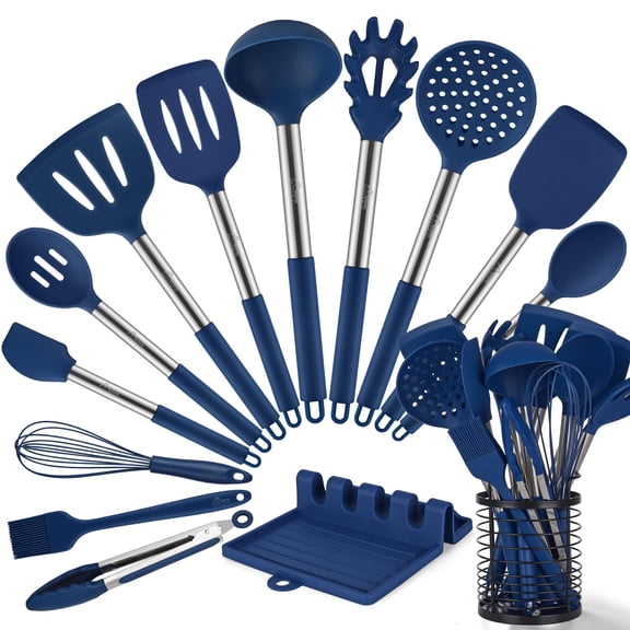 14-Piece Khaki Heat Resistant Silicone Cooking Utensil Set Up to 446F, BPA Free Dishwasher Safe Kitchen Gadget Spatula Kit with Stainless Steel Storage Holder