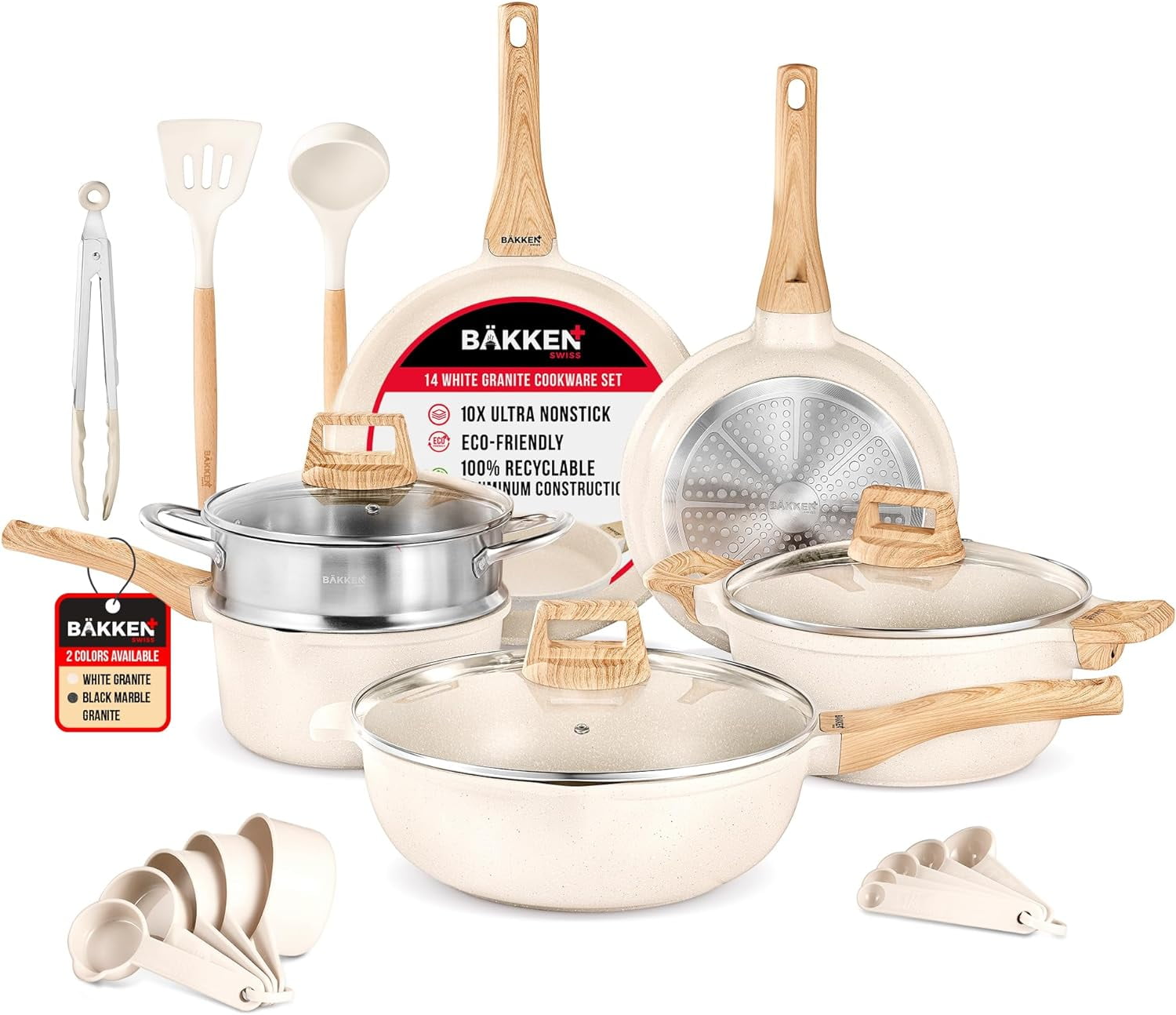 Cream 14-Piece Non-Stick Carbon Steel Cookware Set