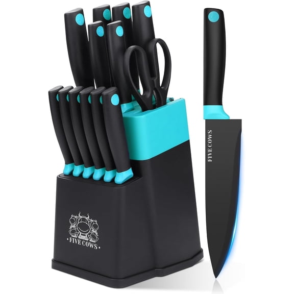 14 Piece Kitchen Knife Block Set with Sharpener Stainless Steel Chef Knives Razor Sharp Durable Lightweight Anti Slip Handle Professional Home Kitchen Set Green