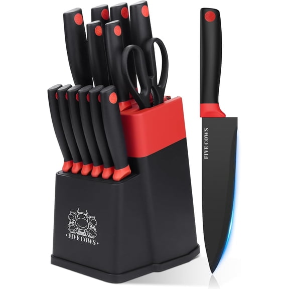 14-Piece Kitchen Knife Block Set with Sharpener, High Carbon Stainless Steel Chef Knives, Razor-Sharp, Anti-Slip Handle, Red