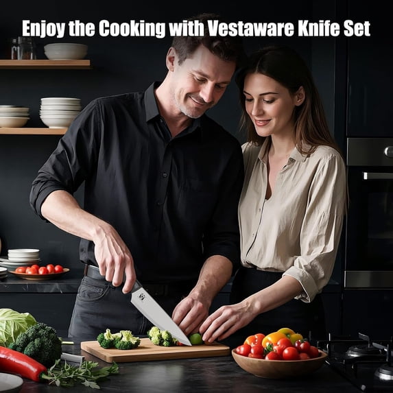 14 Piece Kitchen Knife Set with Block, Ultra Stainless Steel Chef Knives, Black Ergonomic Handle, Anti-Slip Design, Complete Cutlery Collection for Home Cooking and Gifting