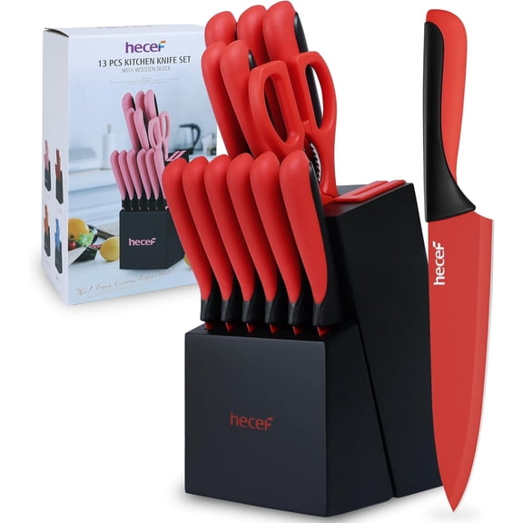 14-Piece Kitchen Knife Set with Built-in Sharpening Wooden Block Dishwasher Safe High Carbon Stainless Steel Including Steak Knives and Kitchen Scissors Red