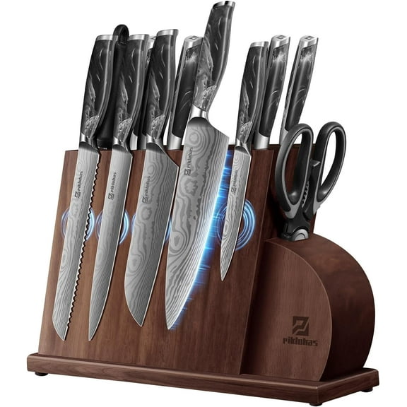 14 Piece Kitchen Knife Set with Magnetic Block German Razor Sharp High Carbon Stainless Steel Damascus Pattern Full Tang Ergonomic Handle Black Flowing Cloud Design