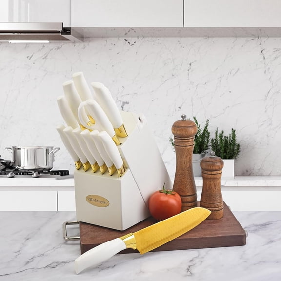 14-Piece Kitchen Knife Set with Wood Block, High Carbon Stainless Steel Chef Knives, Non-Stick  Blades, White Handle Gold Blade, Includes Steak Knives & Shears