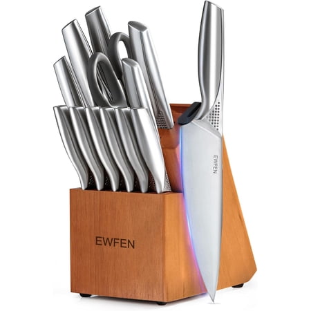 14-Piece Kitchen Knife Set with Block Stainless Steel Knives Built-in Sharpener Dishwasher Safe Concave-Dotted Handle
