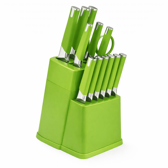 14 Piece Kitchen Knife Set with Block, Stainless Steel Sharp Blades, Non-Slip Handle, Multi-Color Knife Set with Scissors for Home Kitchen Green