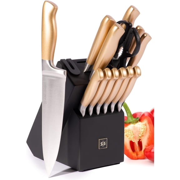 14-Piece Kitchen Knife Set with Block Ultra-Sharp Stainless Steel Knives with Gold Handles Silver Blades and Built-In Sharpener