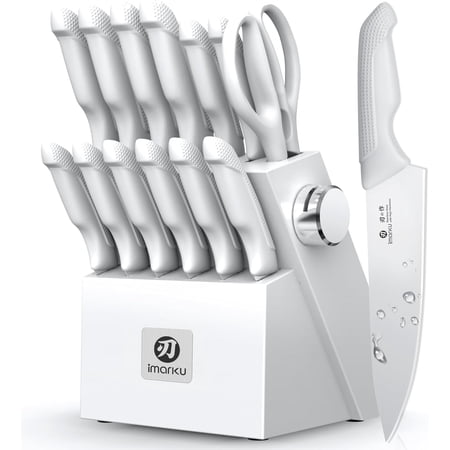 14-Piece Kitchen Knife Set with Block and Built-in Sharpener Stainless Steel Anti-Slip Handles Dishwasher Safe Grayish White