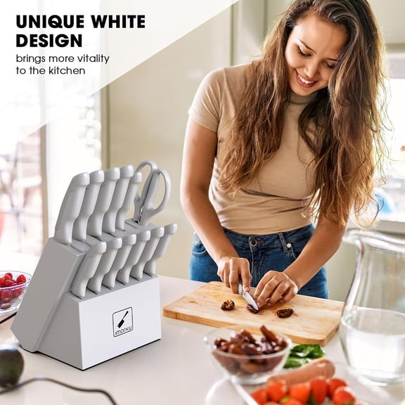 14-Piece Kitchen Knife Set with Block and Sharpener, Professional Stainless Steel Non-Slip Ergonomic Handle Dishwasher Safe Gray-White