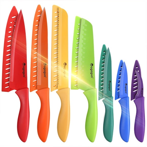 14 Piece Kitchen Knife Set with Sheaths, Rainbow Stainless Steel Knives with 7 Blade Guards, Non Stick Sharp Chef Knife Set, Dishwasher Safe