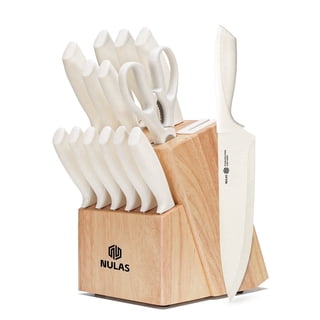 NULAS Knife Set, 14-Piece with Built-in Sharpener, Non-Stick Coated High Carbon Stainless Steel Knife Block Set, Dishwasher Safe, Cream