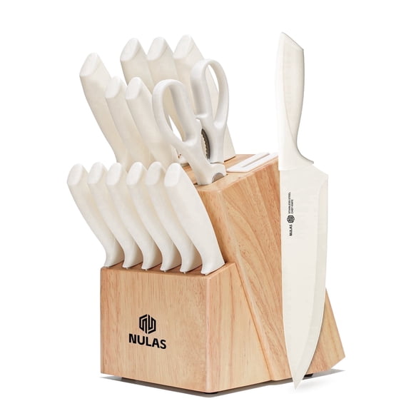 NULAS Knife Set, 14-Piece with Built-in Sharpener, Non-Stick Coated High Carbon Stainless Steel Knife Block Set, Dishwasher Safe, Cream