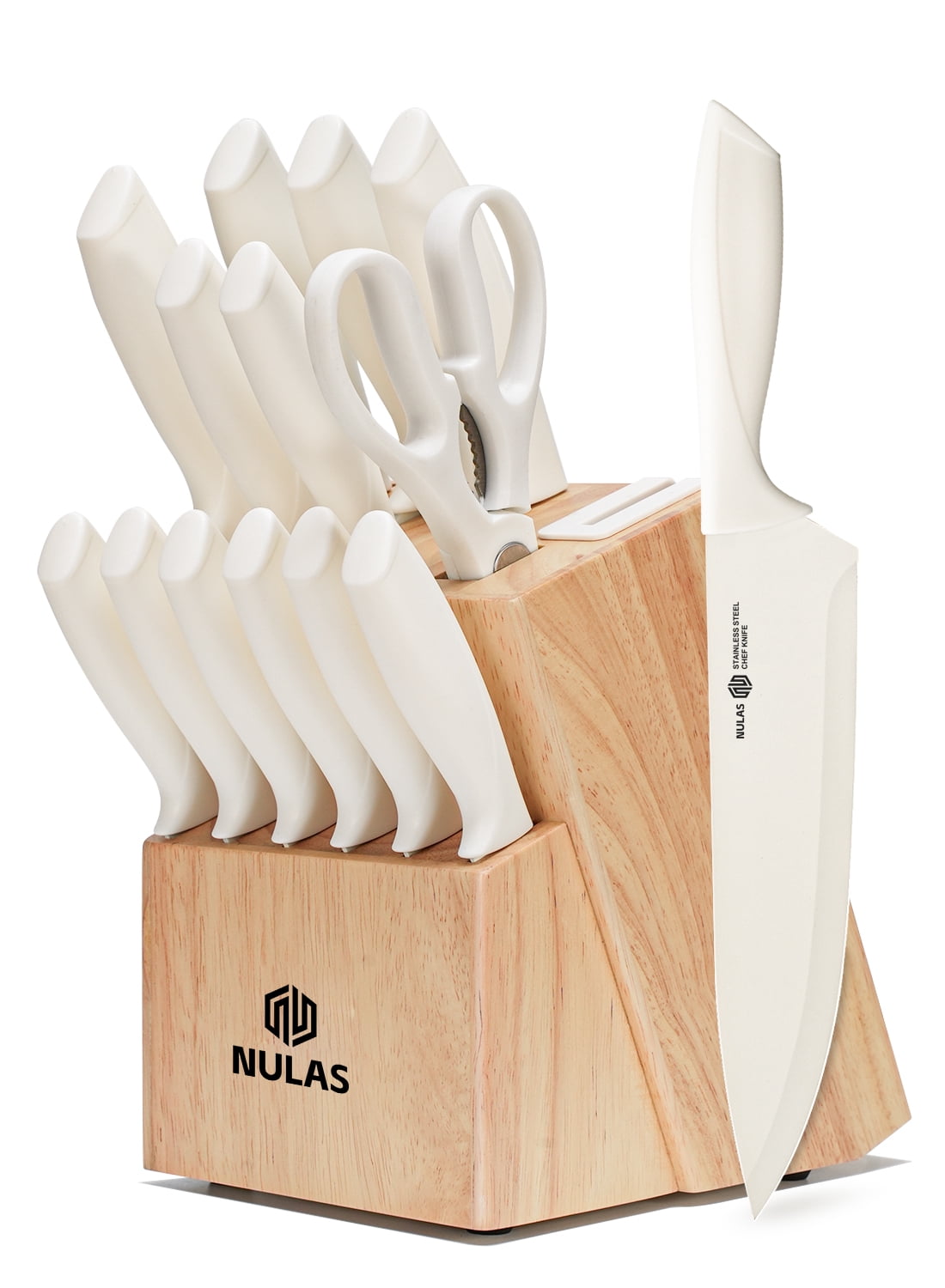 NULAS Knife Set, 14-Piece with Built-in Sharpener, Non-Stick Coated High Carbon Stainless Steel Knife Block Set, Dishwasher Safe, Cream