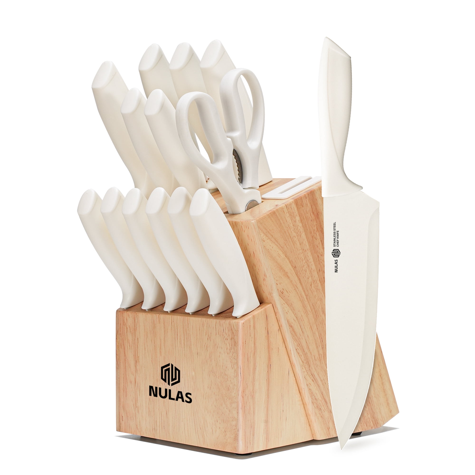 NULAS Knife Set, 14-Piece with Built-in Sharpener, Non-Stick Coated High Carbon Stainless Steel Knife Block Set, Dishwasher Safe, Cream