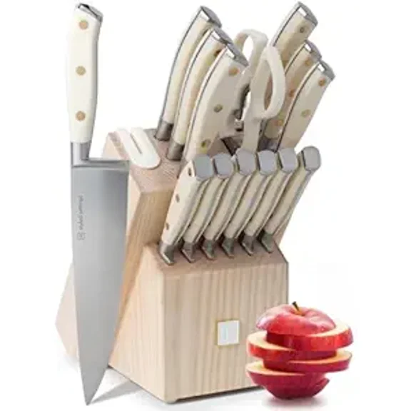 14-Piece Knife Set with Block and Sharpener Ultra-Sharp High Carbon Stainless Steel Knives, White Handles with Gold Rivets, Silver Blades, Ashwood Block