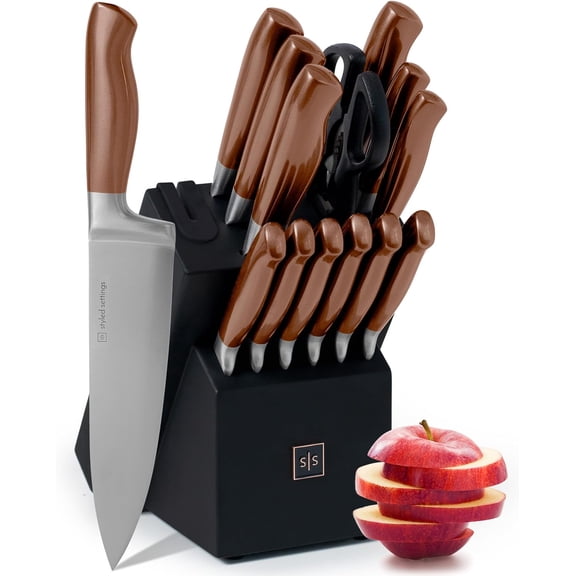 14-Piece Knife Set with Block and Built-In Sharpener Full Tang, Copper Handle, Silver Blade, Black Block