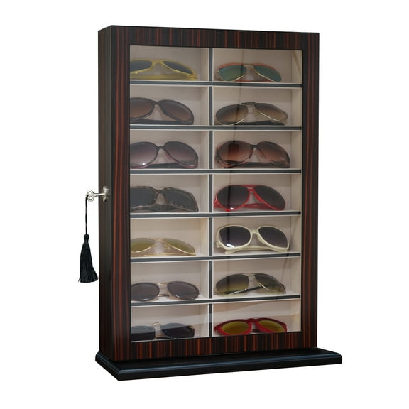14 Piece Large Ebony Wood Eyeglass Sunglass Display Wall Hanging Case and Storage Organizer Box and Stand