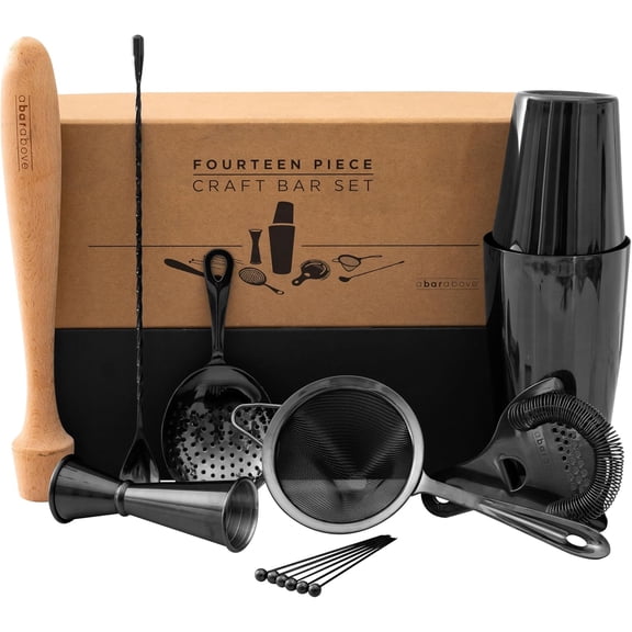 14-Piece Matte Black Bartender Kit, Modern Bar Tool Set for Home Mixologists and Pros, Includes Black Stainless Steel Cocktail Shaker, Jigger, Strainers, Spoon, Picks, and Bar Accessories