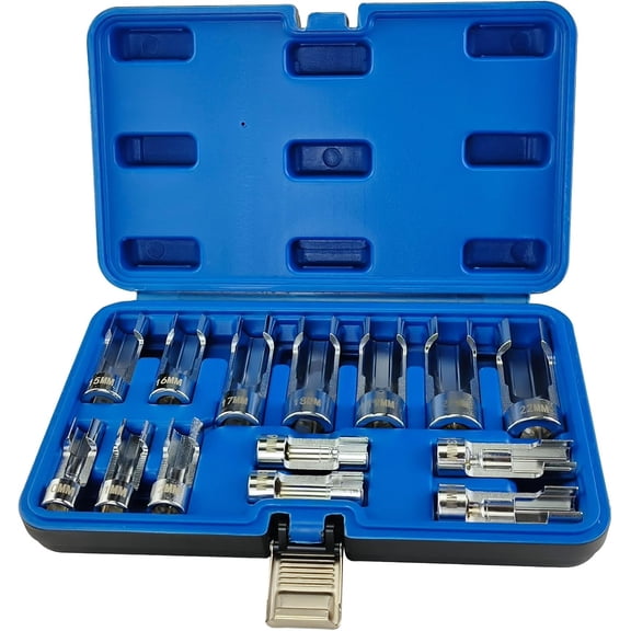 14-Piece Metric Flare Nut Wrench Set, 3/8" & 1/2" Drive Fuel Line Socket Set for Diesel Injector, Automotive Brake Line Tools (8mm-22mm)