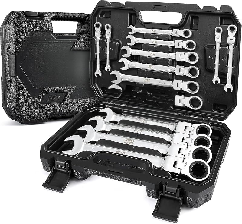 14-Piece Metric Flex-Head Ratcheting Wrench Set, 6-19mm Ratchet Combination Wrench Kit with Storage Case, 72 Tooth, Cr-V Steel Constructed