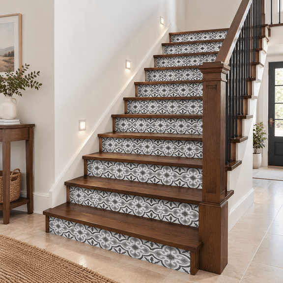 14-Piece Moroccan Pattern Stair Riser Decals, 39.37"x7.09" Peel and Stick Stair Stickers