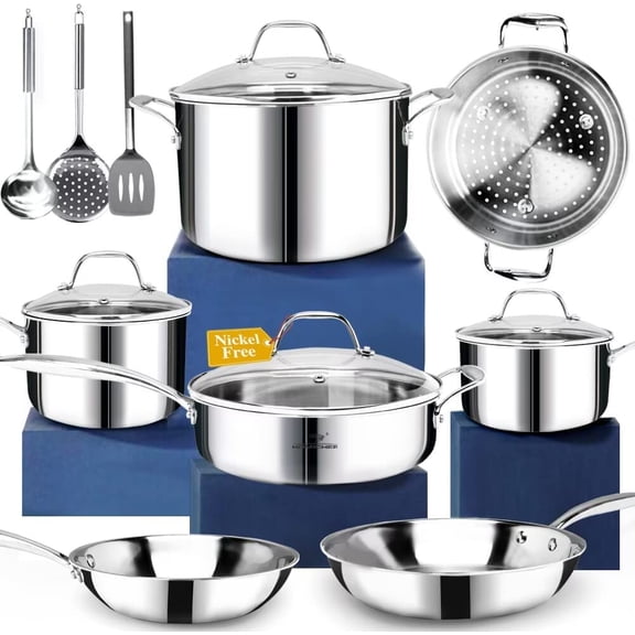 14-Piece Nickel Free Stainless Steel Cookware Set Whole-Clad 3-Ply - Mirror Polished Pots And Pans Set - Healthy Cookware Set With Steamer - Non-Toxic Induction Cookware Sets